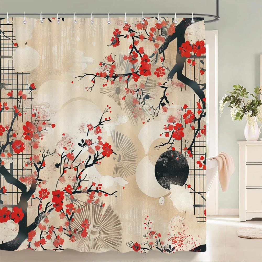 Japanischer Stil Blumen Vogel Duschvorhang Abstrakt Berg Rot Floral Pflanze Tuschekunst Landschaft Stoff Dekor Badezimmervorhänge