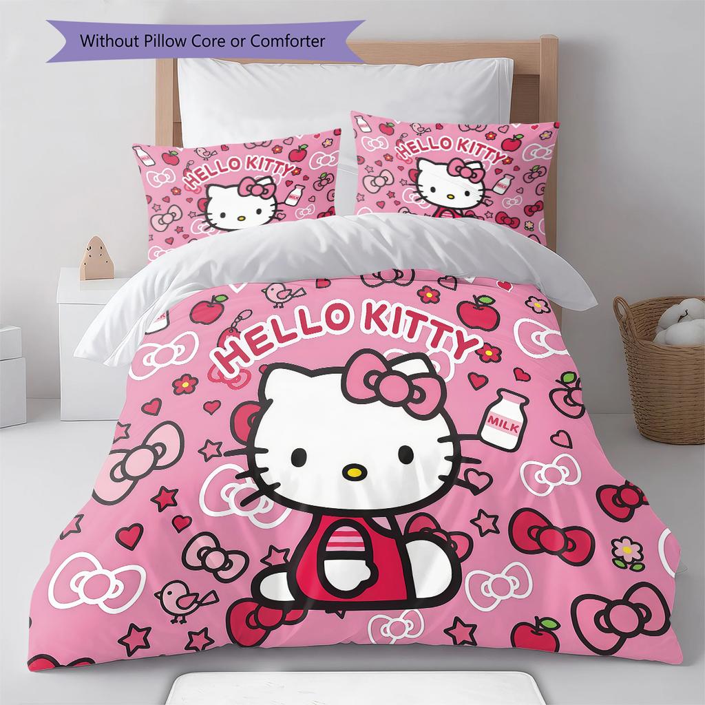 Sanrio rožinės spalvos raštų patalynė, antklodės komplektas, užvalkalas antklodei, pagalvės užvalkalas, namų gimtadienio dovana(1 * antklodės užvalkalas + 2 * pagalvės užvalkalai, be šerdies)