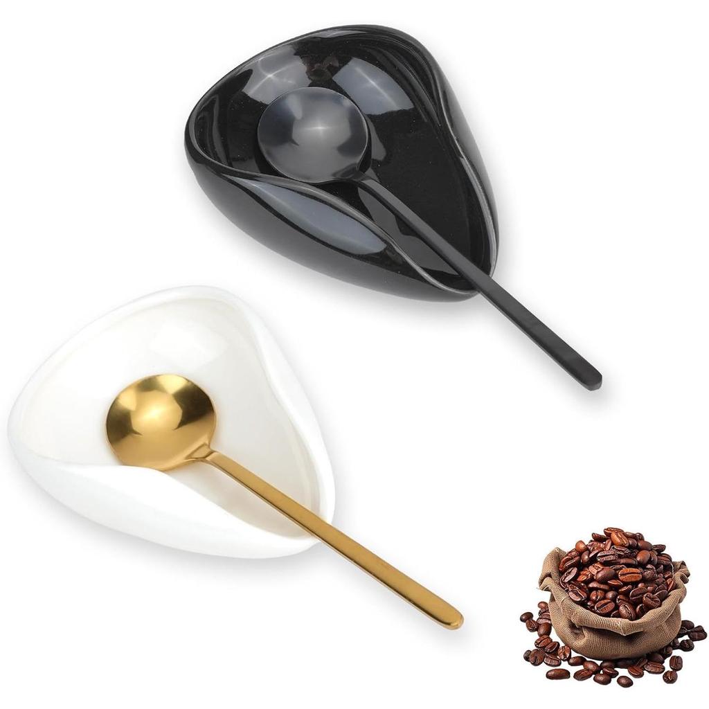 Ceramic Coffee Bean Tray & Stainless Steel Spoon Set: Collector, Display, Measuring & Weighing Use.