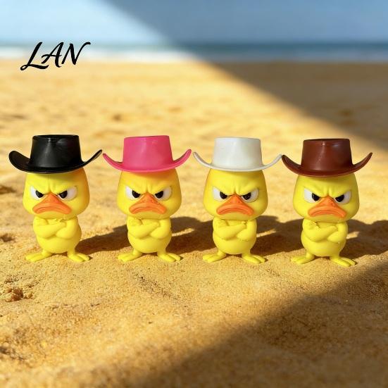 Desktop Figurine Collection Angry Duck Desk Figurine, 3D Printed Yellow Office Decoration with Cowboy Miniature Figures Hat, Little Animal Ornament