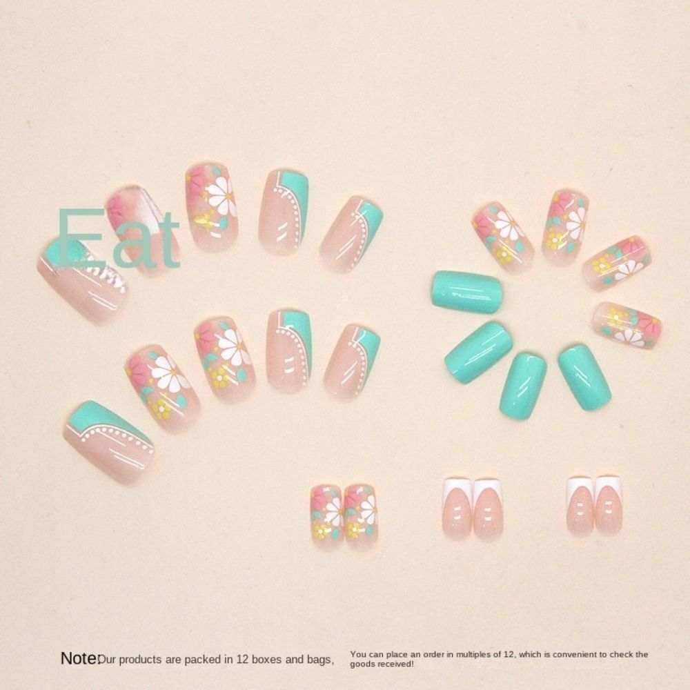 24 Stück Abnehmbare DIY Grüne Blumen Falsche Nägel Kurz Quadratisch Blaues Blatt Französische Falschnägel