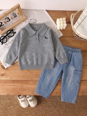 Autumn 2026 Kids' Polo Collar Knitwear & Embroidered Jeans Set: Boys' Long Sleeve Two-Piece Outfit