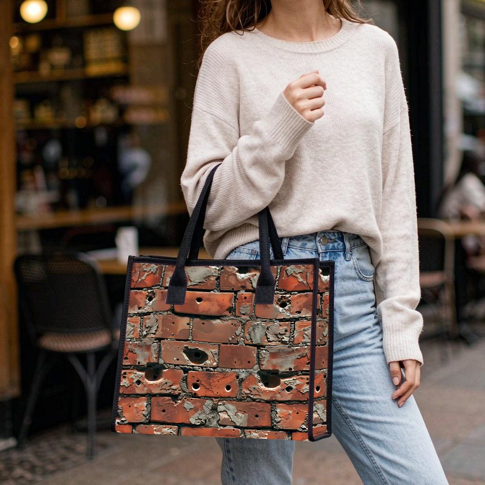 Vintage Red Brick Print Tote Bag Large Capacity Casual Daily Bag for Work Shopping Travel Portable Lightweight Shoulder Bag