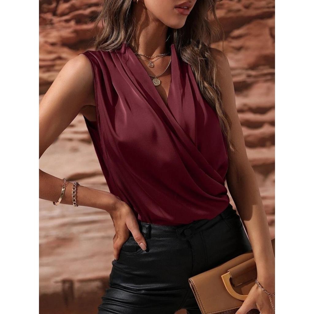 Women's Spring and Summer Sleeveless Satin Shirt Pleated Vest New Sexy Shirt