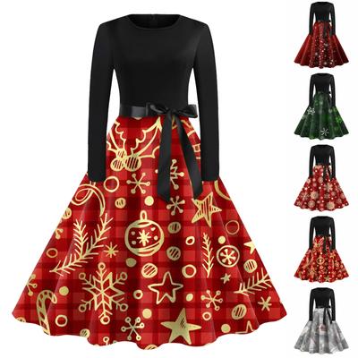 Women's Vintage Classic Dress Neck Waist Bow Tie Long Sleeves Christmas Printed Round Neck Swing Dress