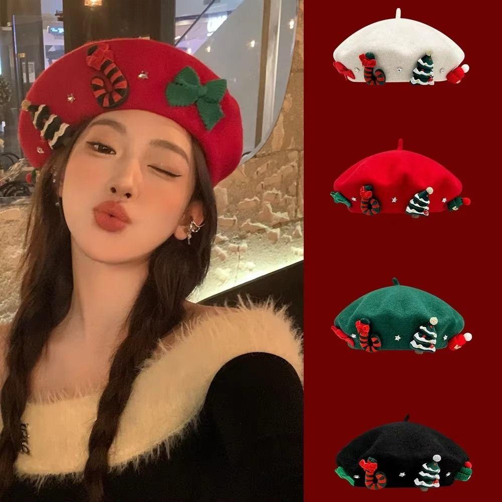 Red Green Christmas Beret Cap Sweet Xmas Painter Hat Fashion Christmas Beret Hat  Women