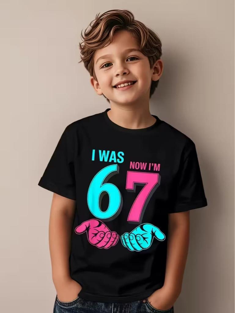 Funny Six Seven 67 Meme T-Shirt for Kids 7 Years Old Birthday Party Gifts Summer Short Sleeve Tees Crew Neck Children's Clothing