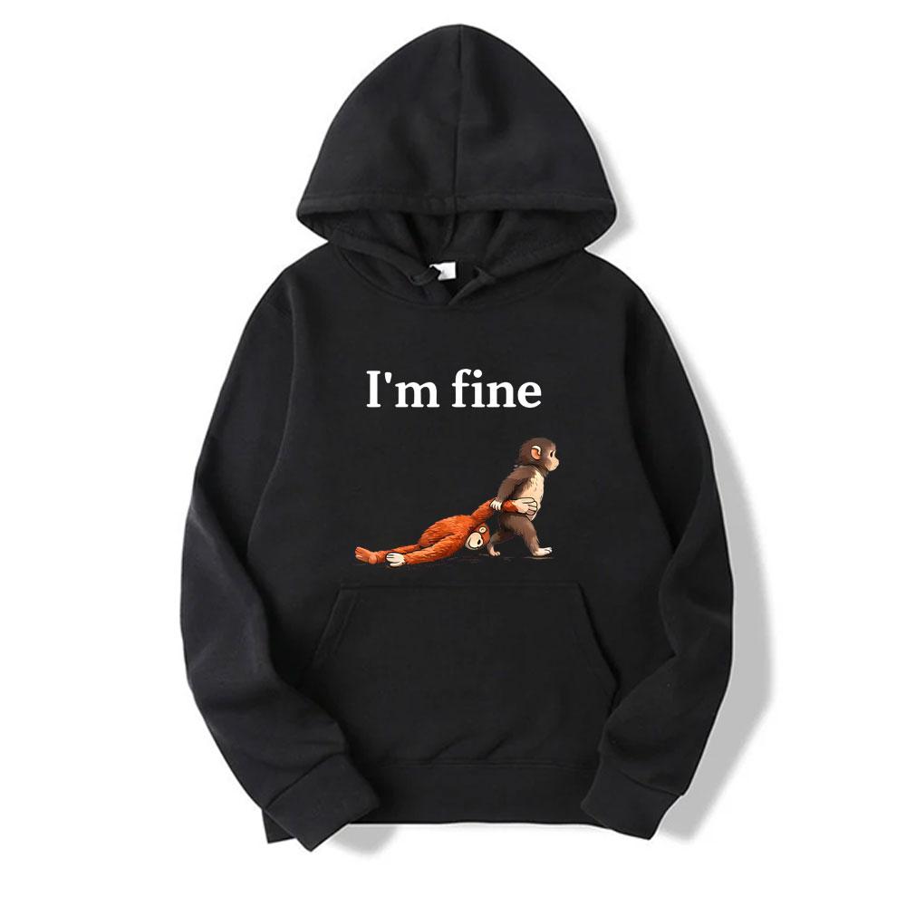 Monkey I'm Fine Funny Meme Graphic Printed Women Hoodie Casual Daily Long Sleeve with Pocket Loose Pullover Women Vintage Hoodie