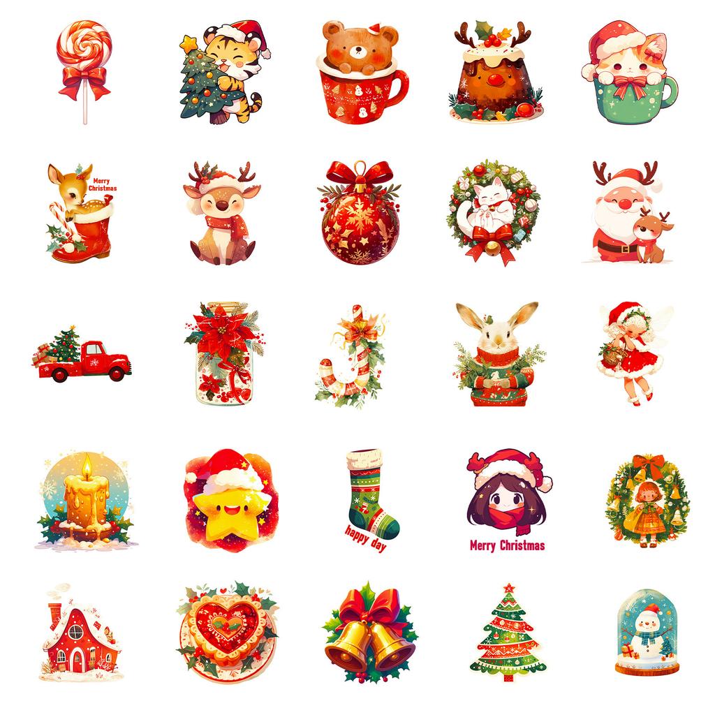 50 Christmas Dreamy Cartoon Doodle Stickers, Claus Stickers, Snowflake Decorations