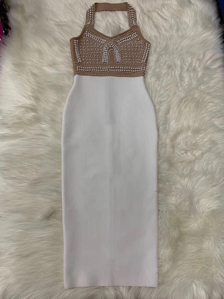 2022 Halter V-Neck Beaded Bandage Midi Dress - Slimming Evening Style