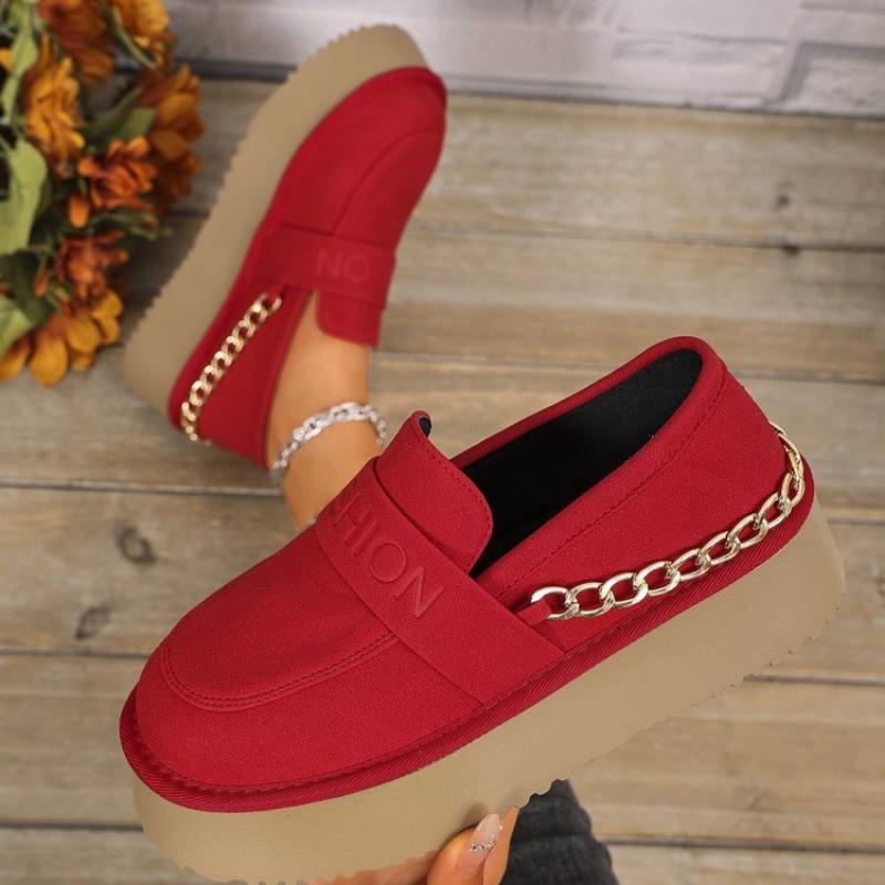 Fashion Spring New Flat Shoes Women's Fashion Round Head Deep Mouth Suede Metal Chain Thick Sole Non-slip Single Shoes