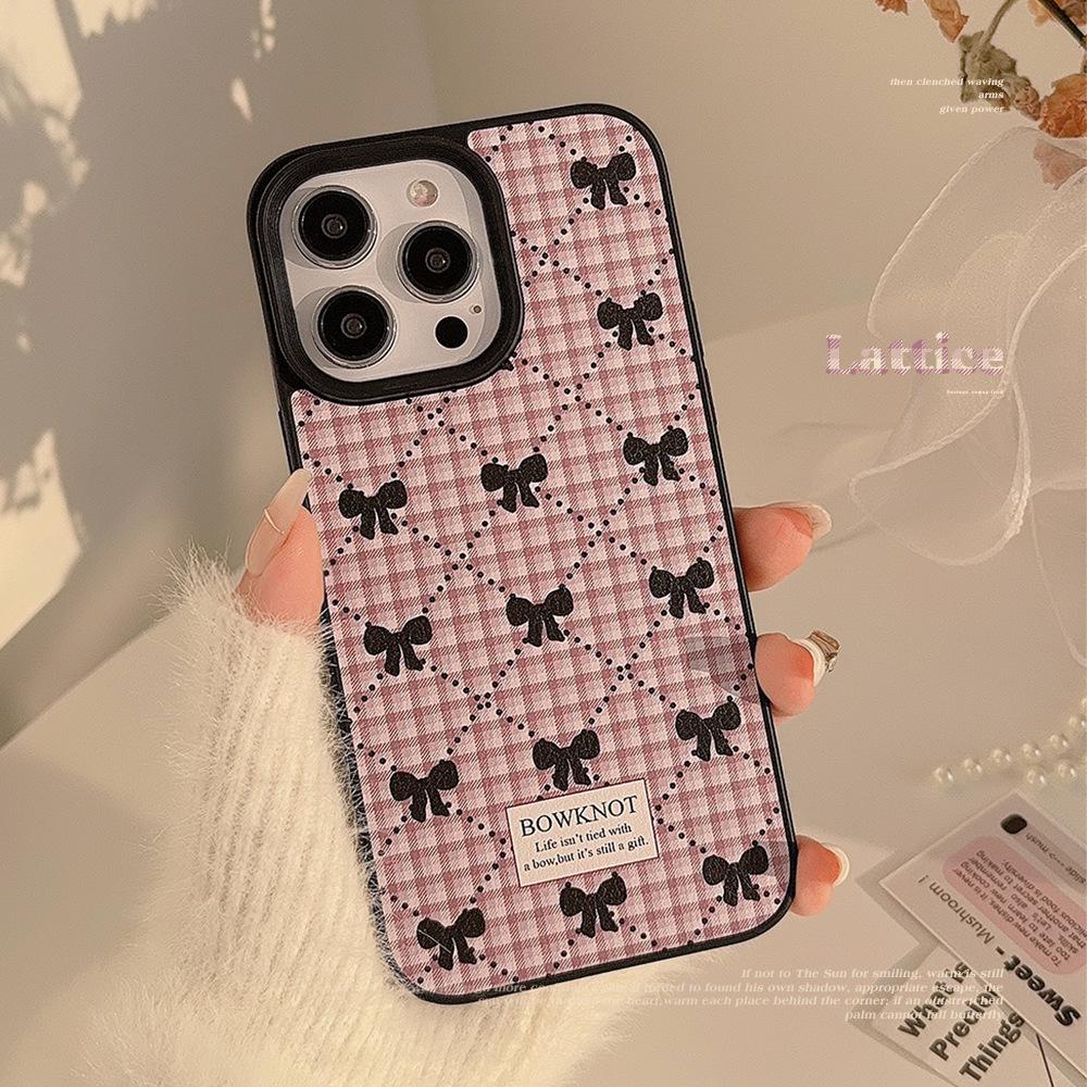 Korean Bow Plaid Mobile Phone Case 16 Apple 14promax Sweet 11 Suitable for IPhone 15 Leather 13 Winter
