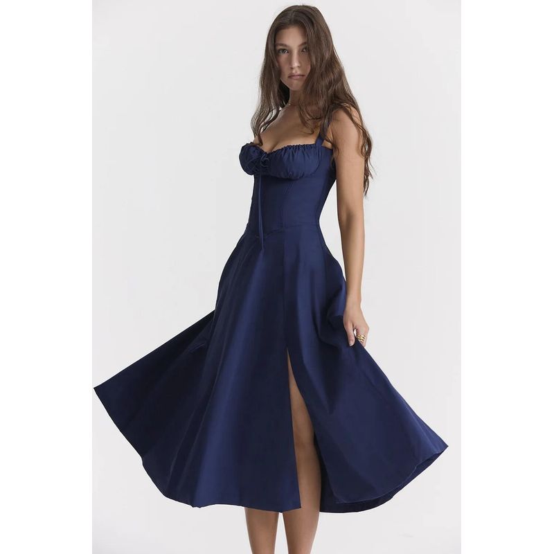 Sweet Summer Fashion off-Neck Shoelace Floral Tight Waist Split Mid Length Long Length Sling Dress Dress