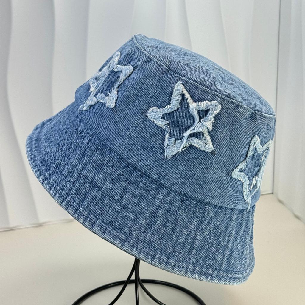 New pentagram patch gradual change denim bucket hat lady sweet retro street versatile bucket hat casual
