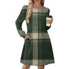 Women's Long Sleeve Pleated Round Neck Plaid Stripe Print Casual Dress With Pockets