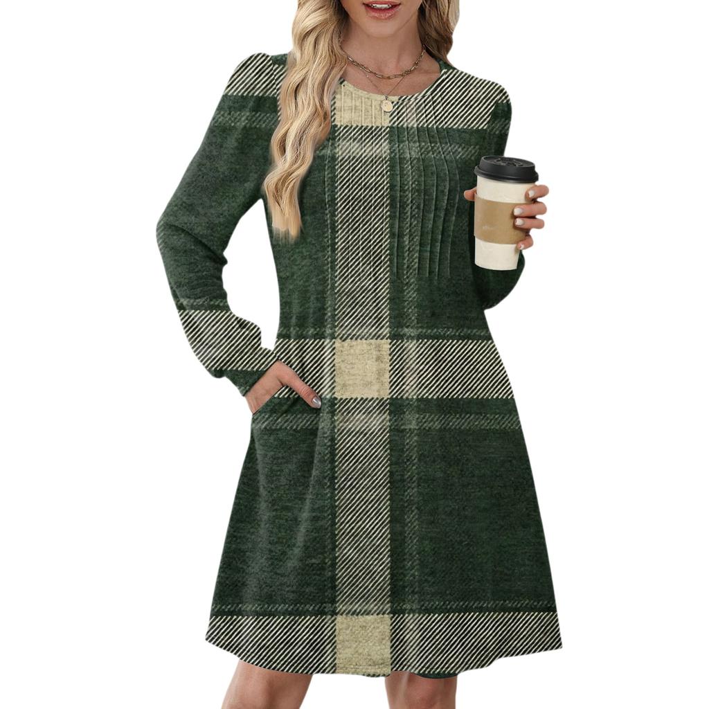 Women's Long Sleeve Pleated Round Neck Plaid Stripe Print Casual Dress With Pockets