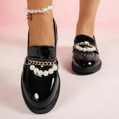 Fashion Women's Loafers Pearl Metal Chain Woman Shoes Spring Autumn Black Platform Shoes Women Fashion Pu Leather Casual Shoes Loafers