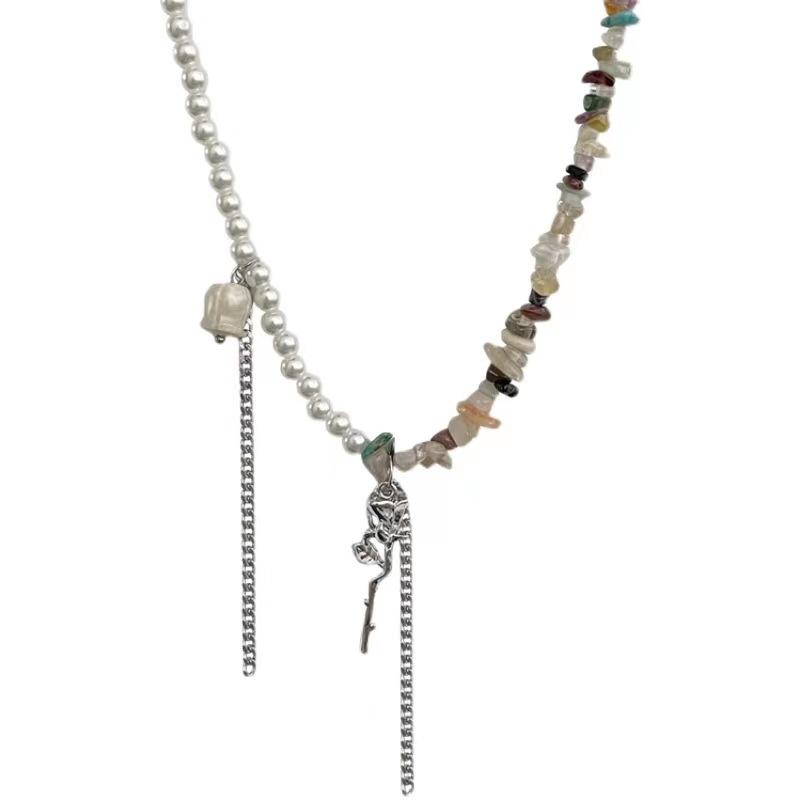

Natural color gravel splicing rose pearl necklace women s year new summer collarbone chain