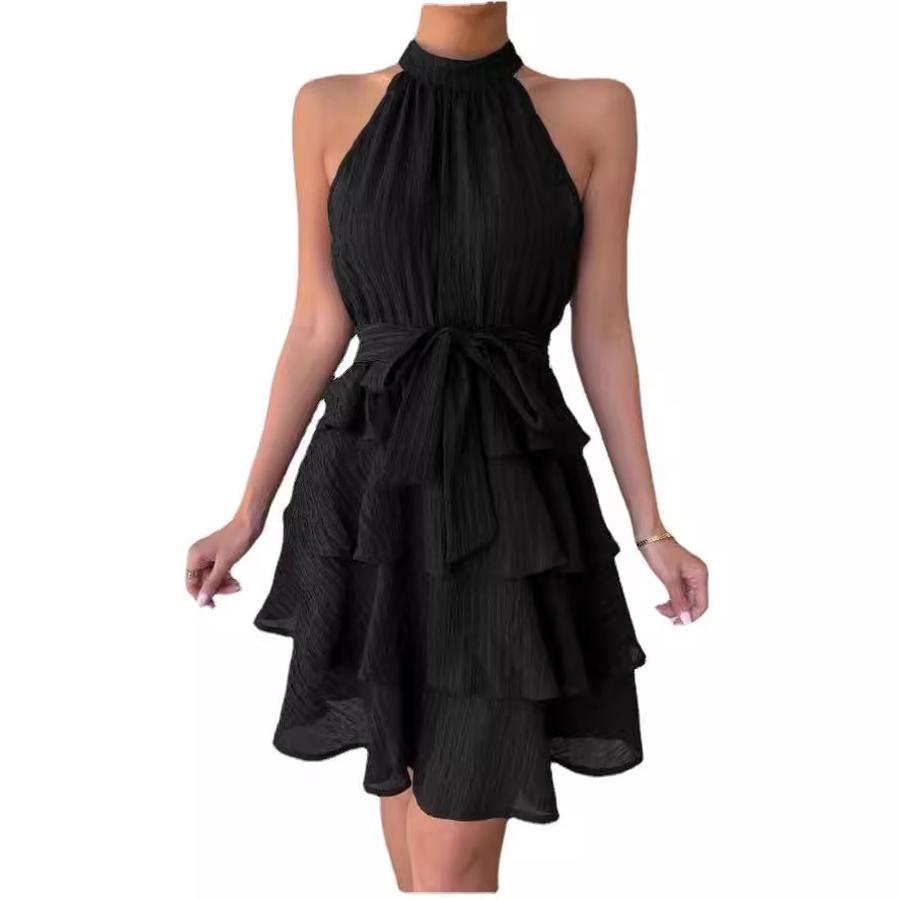 Women's Summer Tie-Up Hanger Dress Patchwork Sleeveless Ruffled Hem Dress