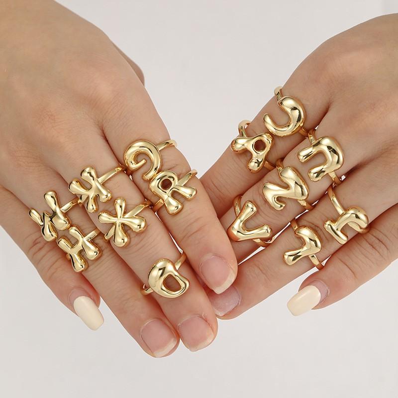 Adjustable Open Ring In 18K Gold Plated Copper With Q-Style Alphabet Letter Design Men Women