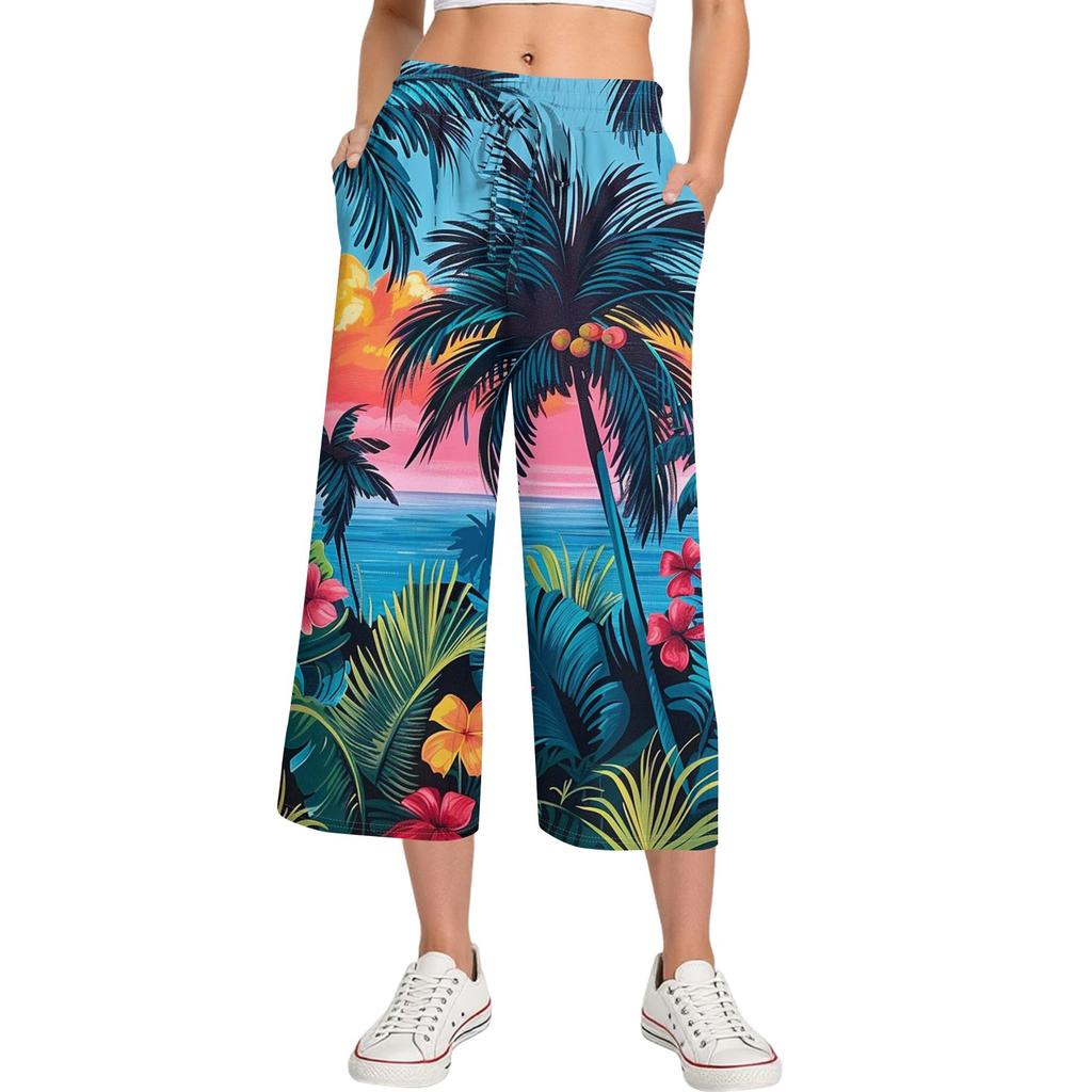 Damen Sommer Hohe Taille Bedruckte Freizeit-Sportbekleidung Lässige Cropped-Hose Weite Hose