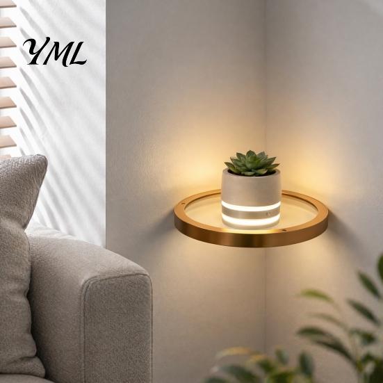 Space Saving Floating Plant Stand Wall Shelf with LED Light, Modern Gold Metal Display Rack Luxury Organizer for Plants Book, Mounted Decor