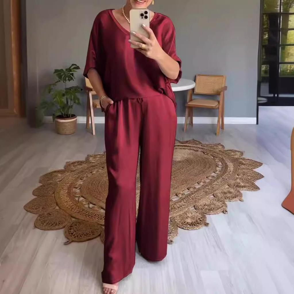 2024 European American Summer Style V-neck Silk Casual Women's Suit