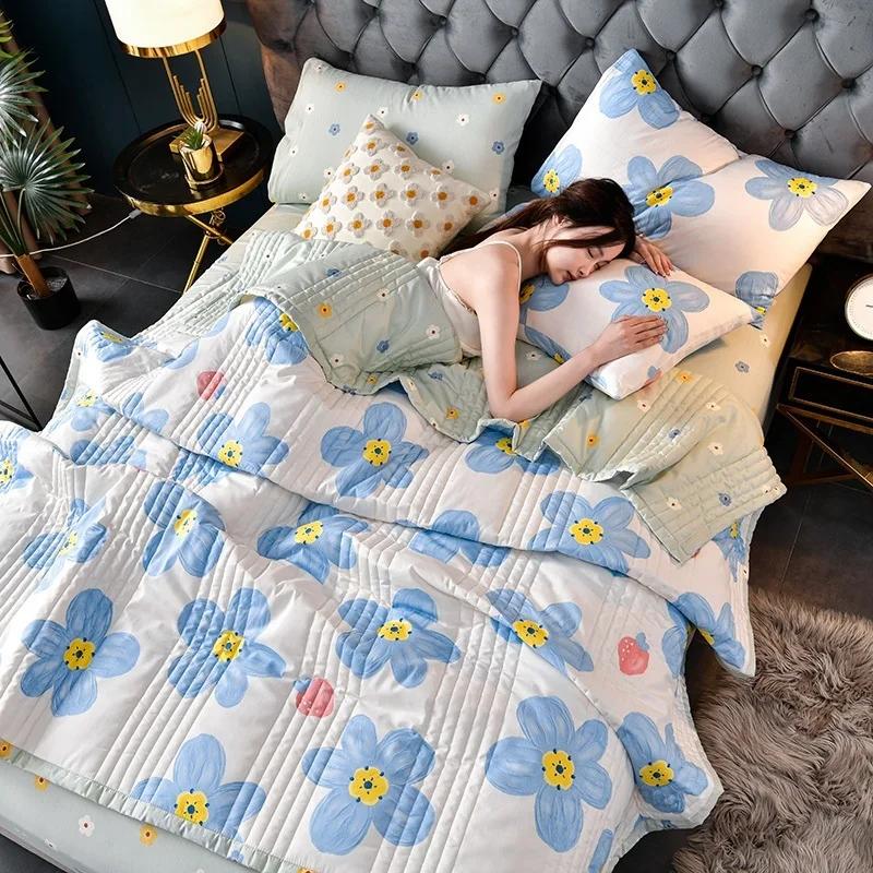 Summer Washed Cotton Quilt Air-Conditioning Comforter Soft Breathable Blanket Thin Leaf Print Bedspread Bed Cover Home Textiles