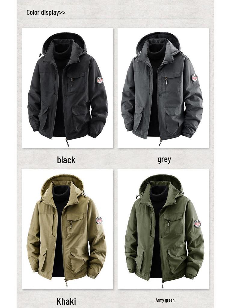 Men's Thick Fleece-Lined Workwear Jacket with Detachable Hood - Trendy Casual Style 23011R