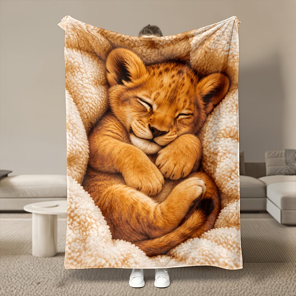 1pc Sleeping Lion Cub Blanket - Ultra Soft Heavyweight Flannel Suitable for All-Season Cozy Throw, Machine Washable Bedspread with Lion Print, for Hom
