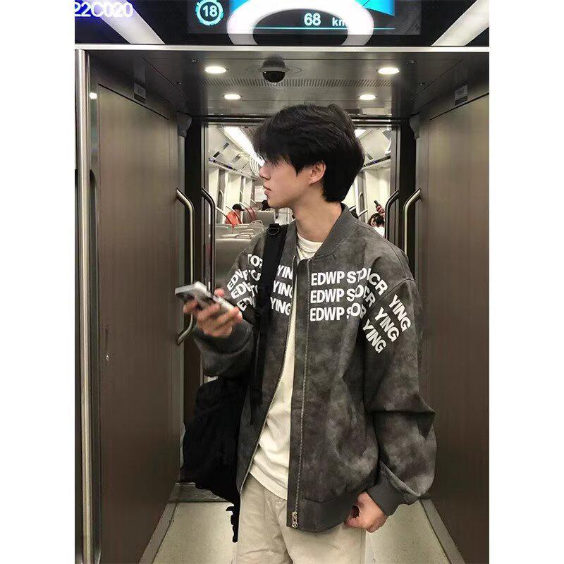 2025 Autumn/Winter Guochao High Street Leather Baseball Jacket - Unisex Letter Print Motorcycle Outerwear XL серый