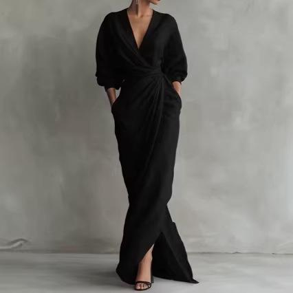 Women's Suede Lapel not Included Belt Maxi Dress Single-Breasted Long Sleeve Tailored Fall Winter Semi-Formal