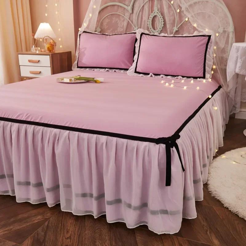 Vintage Style Bow Tie Bed Skirt Solid Minimalist Chiffon Lace Bedspread Little Fresh Mattress Protector Sheet