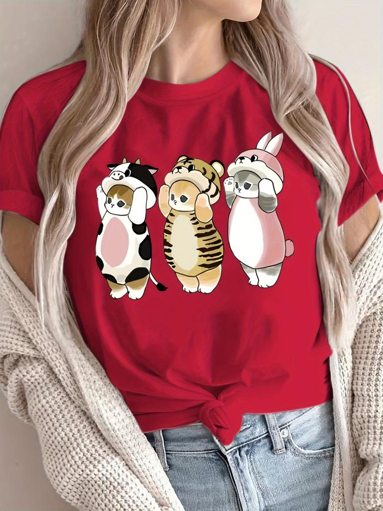 Women's Cute Cartoon Animal Print Short-Sleeve T-Shirt Casual & Sporty Design for with Adorable Cat Dog Rabbit & Bear Graphic