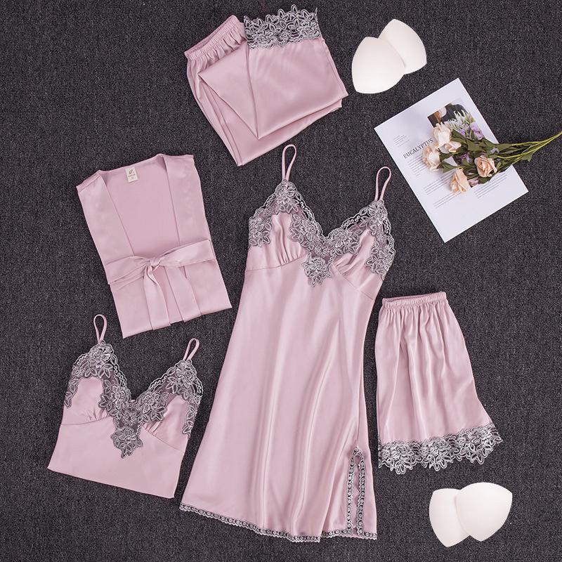 Yao Ting Satin Chiffon Five-Piece Pajama Set: Ice Silk, Casual, Sexy, with Chest Pads for Spring/Summer