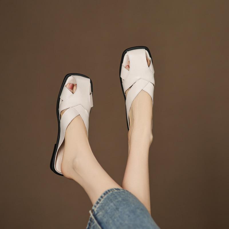 Summer Flat-bottomed Slippers Women's New Bag Head Slippers Rubber Soft Sole Solid Color Casual Cool Slippers Women's Large Size One Pedal