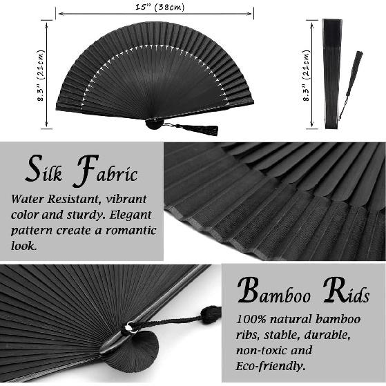 OMyTea Folding Hand Fan for Women - Foldable Chinese Japanese Vintage Bamboo Silk Fan - for Hot Flash, Church, Decoration, EDM, Music Festival,