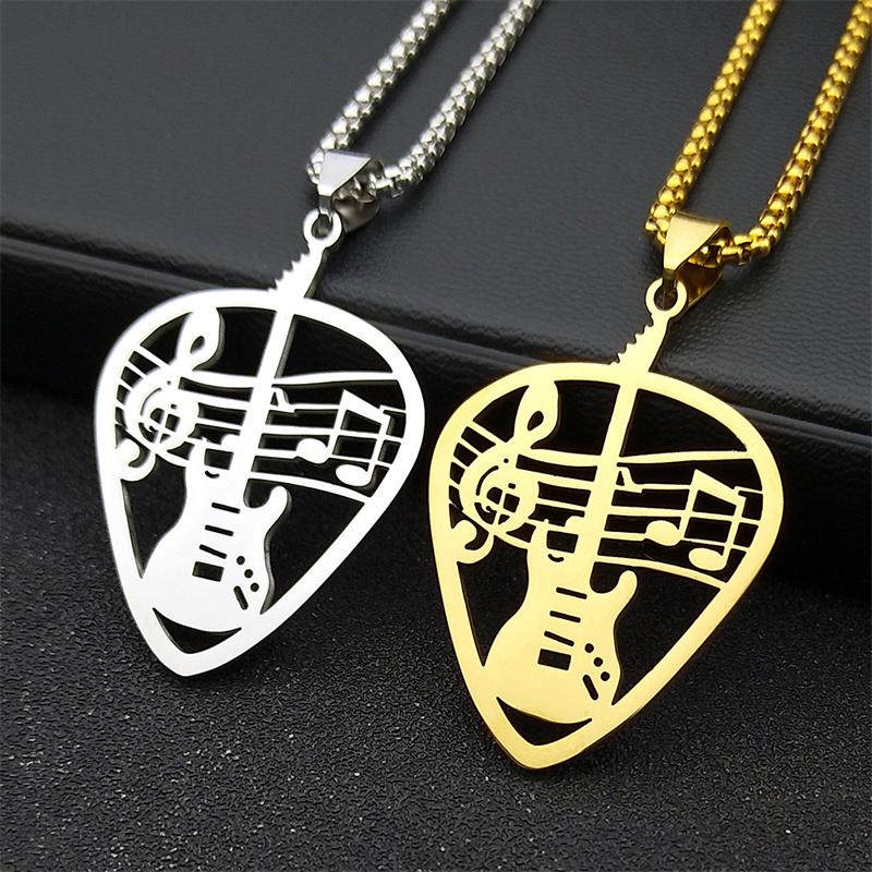 Music Guitar Pick Pendant Necklace for Women/Men Stainless Steel Gold Color Punk Bass Note Chain Necklace Party Jewelry collar
