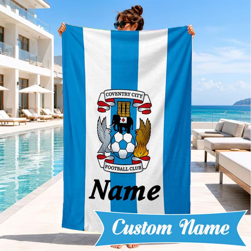 Custom Name Beach Towel Coventry Football Club Crest Microfiber Beach Towel, Lightweight for Summer Travel, Swimming Pool Fan Birthday Gift