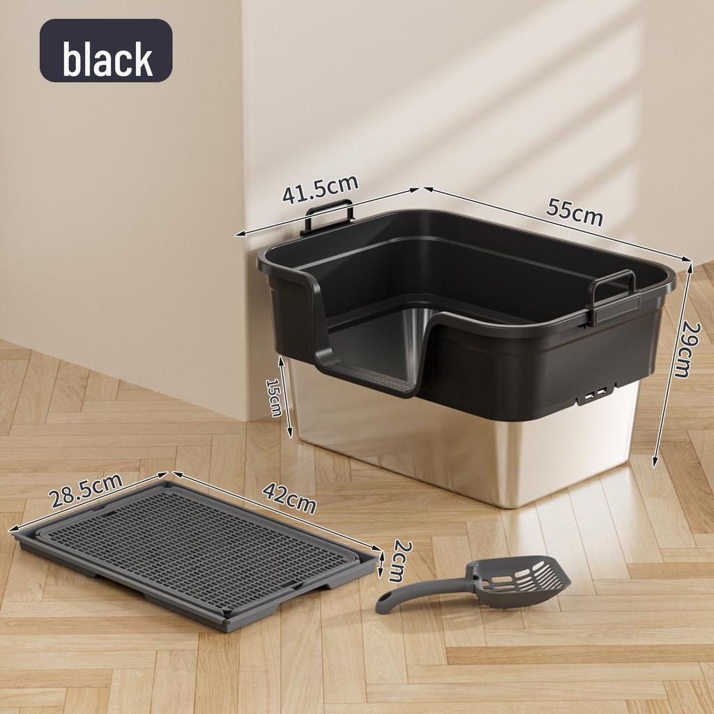 Bandeja de Gato Grande de Acero Inoxidable con Apertura Lateral - Diseño a Prueba de Salpicaduras y Duradero