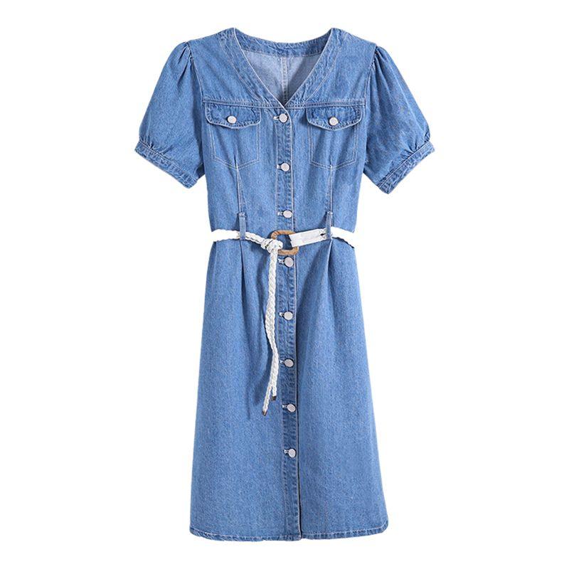 Summer Slim Denim Short Sleeve Dress Casual Waist Cinching Womens Outfit Lightweight Versatile Fashion