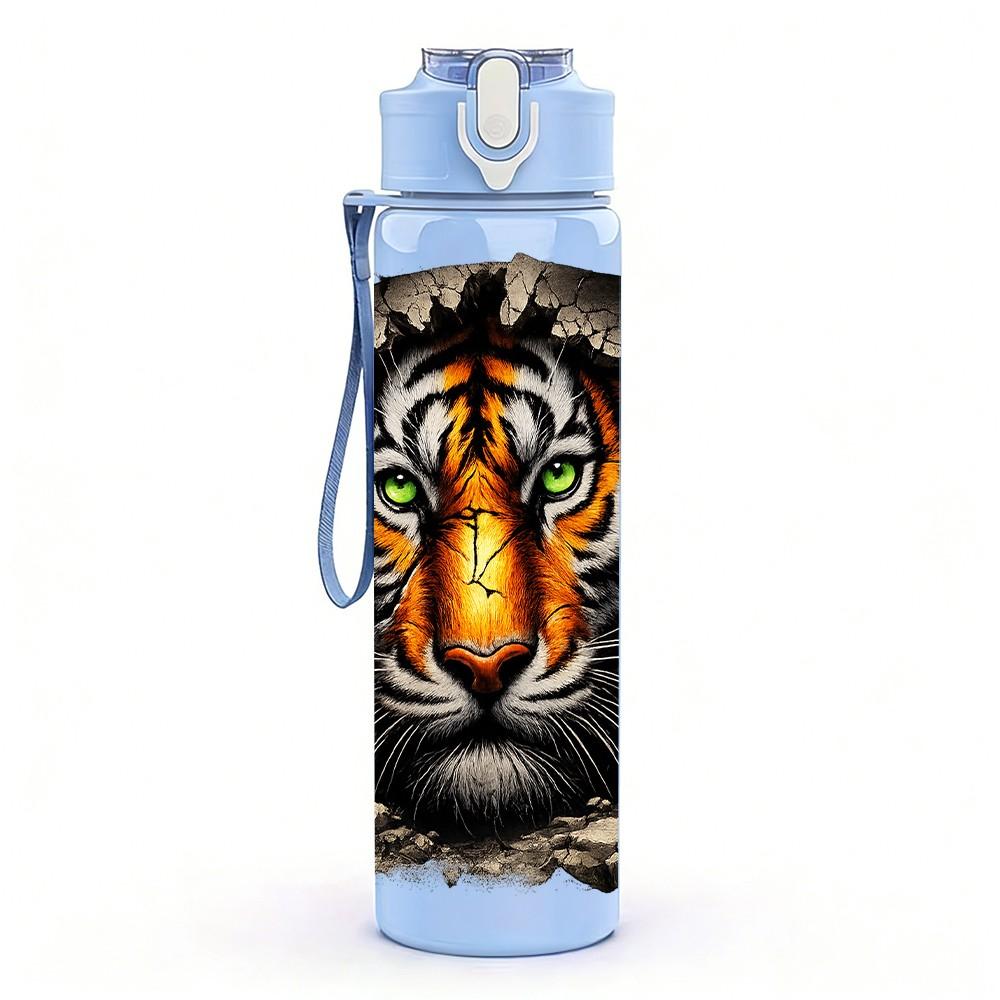 1PC Fierce Tiger Face Art 750ml Color Plastic Sports Water Bottle Leakproof Flip Straw Lid Suitable for Sports Office Home Use