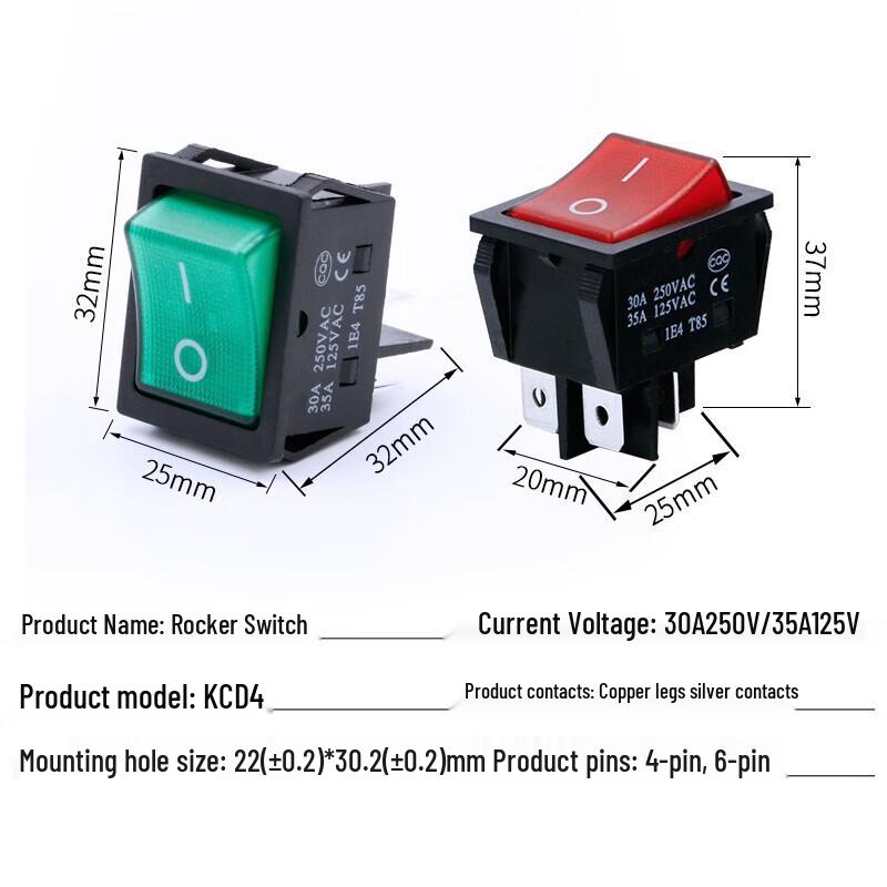 Gangwo KCD4 20A Red Illuminated Rocker Switch