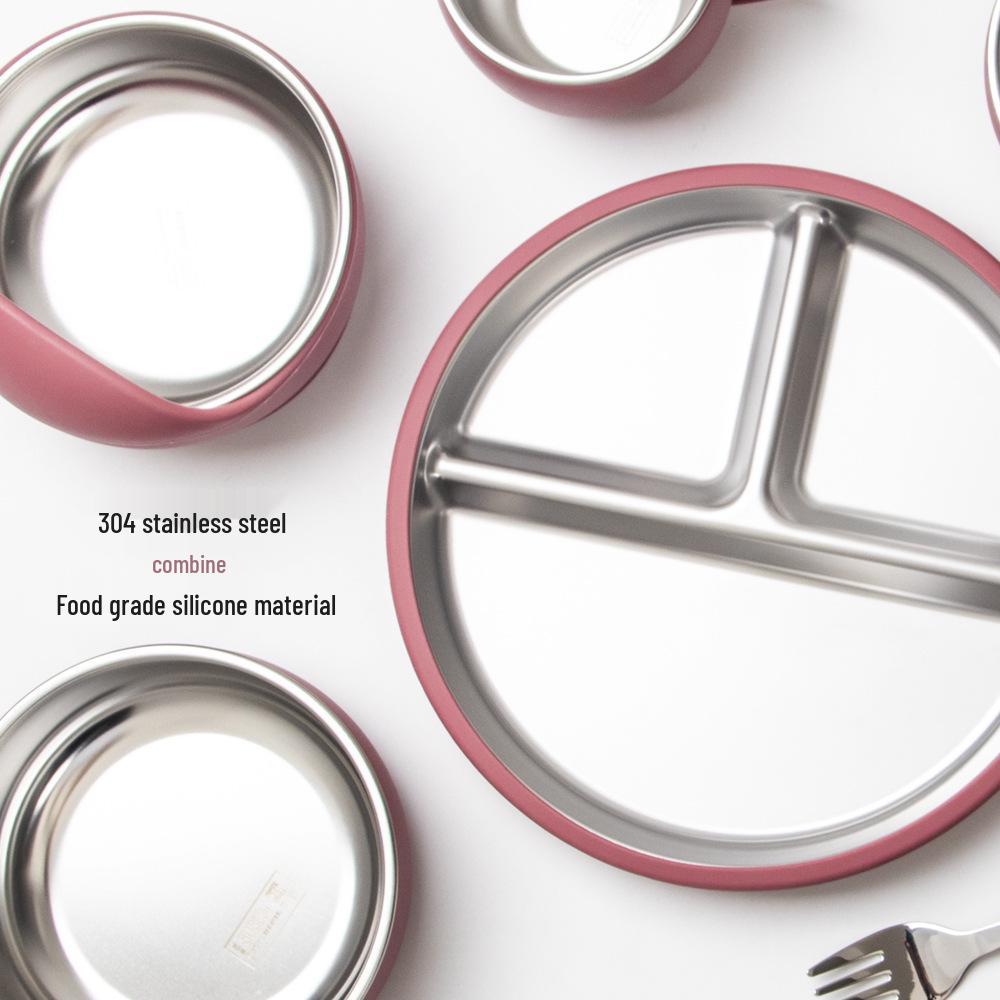 Edelstahl Kinder-Essgeschirr mit Anti-Rutsch-Silikon-Saugfuß & Besteck