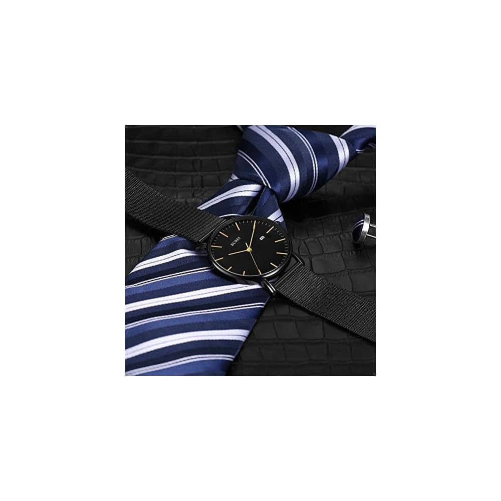 BUREI Men's Analog Watch Black Gold Waterproof Simple Business Milanese Mesh Strap