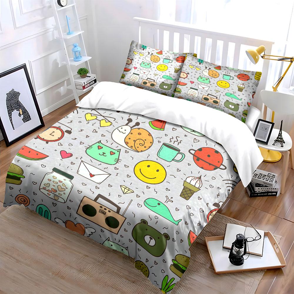 Cute Doodle Icons Pattern Bedding Duvet Cover Set (1*Duvet Cover 2*Pillowcases, without duvet insert)
