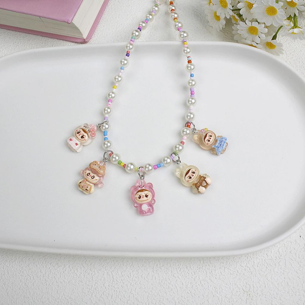 New Korean Version Transparent Resin Colored Bead Pull Cloth Necklace Cute Cartoon Pendant Accessory Chain Necklace