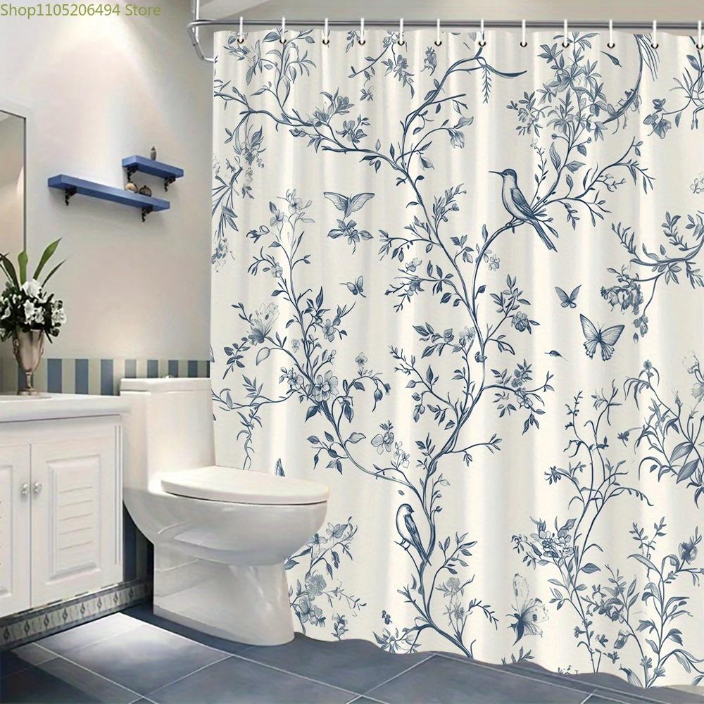 1pz Tenda da Doccia Floreale Vintage - Eleganti Rami Blu e Uccelli Arredo Bagno, Installazione Senza Foratura, Poliestere Lavabile in Lavatrice