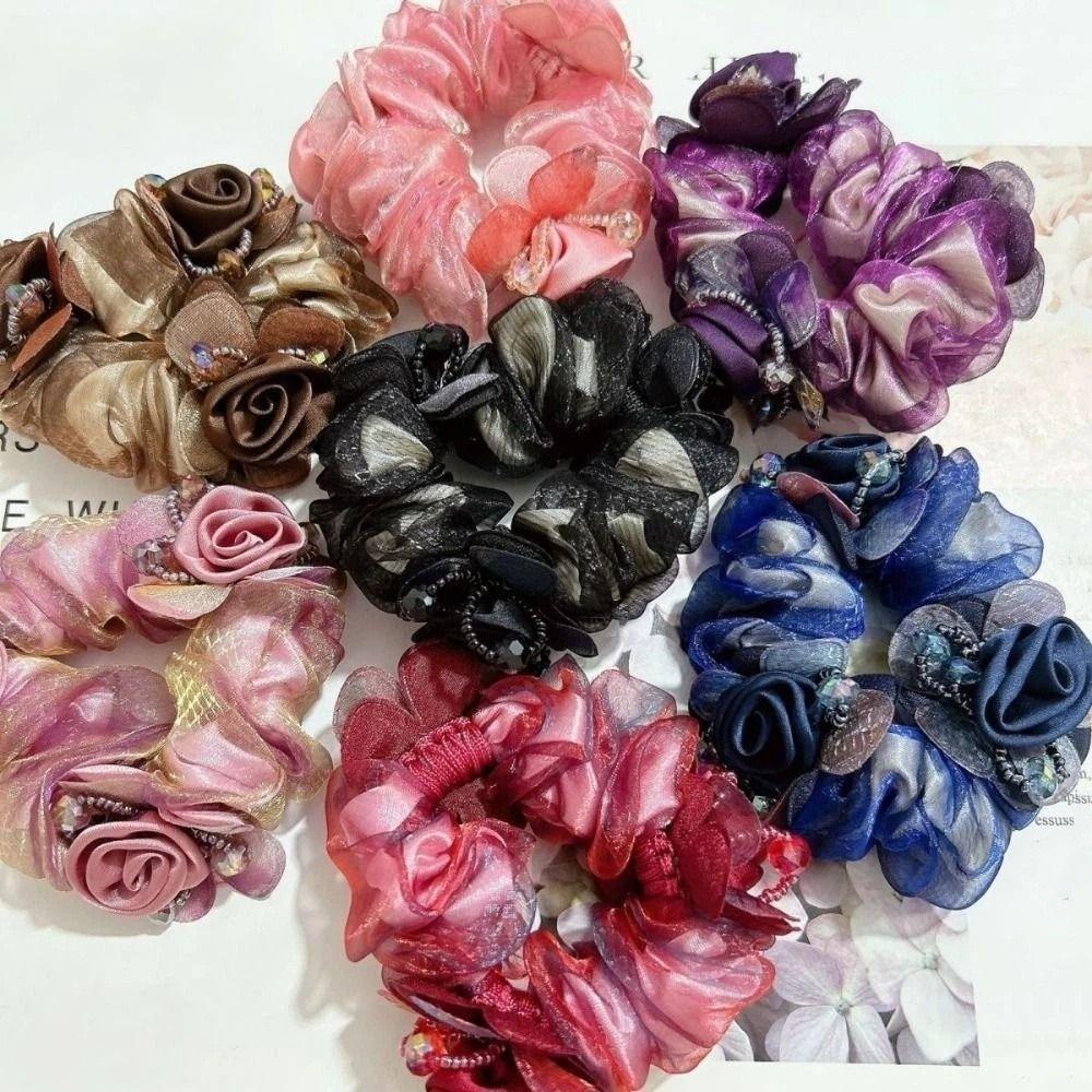 Floral Pattern Lace Hair Scrunchies 3 Flower Bun Rubber Bands Ponytail Holder Hair Accessories