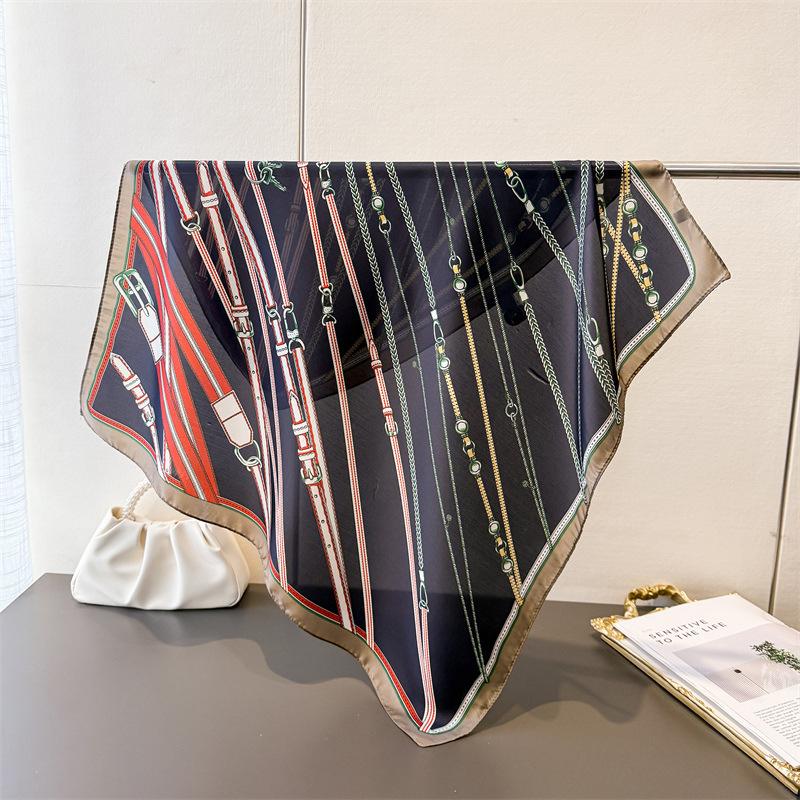 Summer Vintage Belt Chain Print Square Silk Scarf Soft Satin Silk Lightweight Bandana for Women Neck Scarf Hairband Tie Bag Trip 70X70CM
